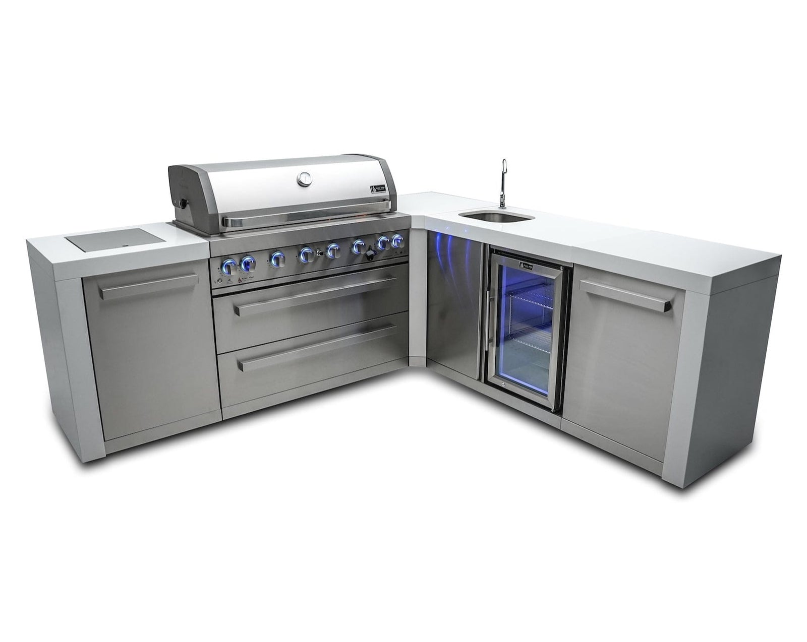 Mont Alpi Islands Mont Alpi 805 Deluxe Island with Beverage Center + 90 Degree Corner / 6-Burner Grill, 2 Infrared Burners, Sink, Fridge, Stainless Steel, Waterfall Sides / MAi805-DBEV90C