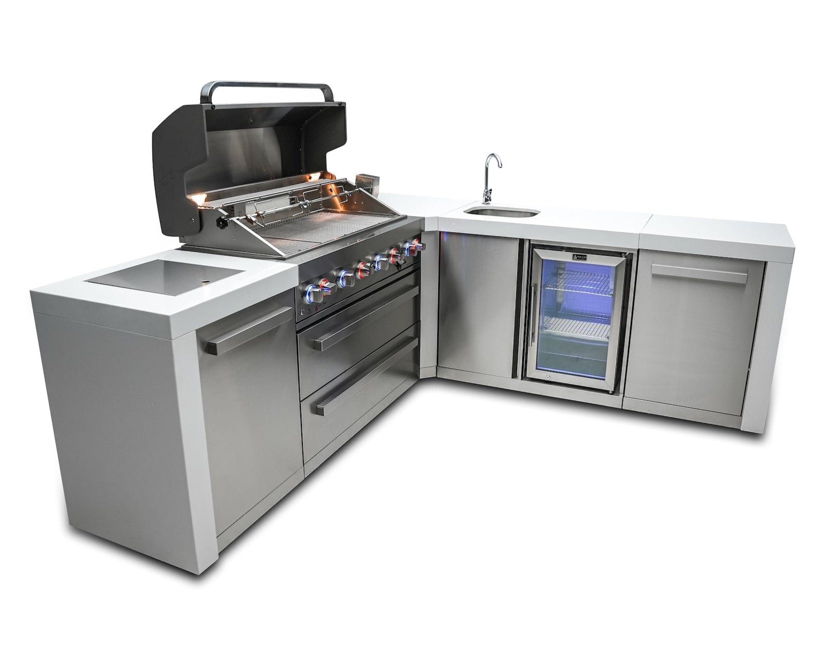 Mont Alpi Islands Mont Alpi 805 Deluxe Island with Beverage Center + 90 Degree Corner / 6-Burner Grill, 2 Infrared Burners, Sink, Fridge, Stainless Steel, Waterfall Sides / MAi805-DBEV90C