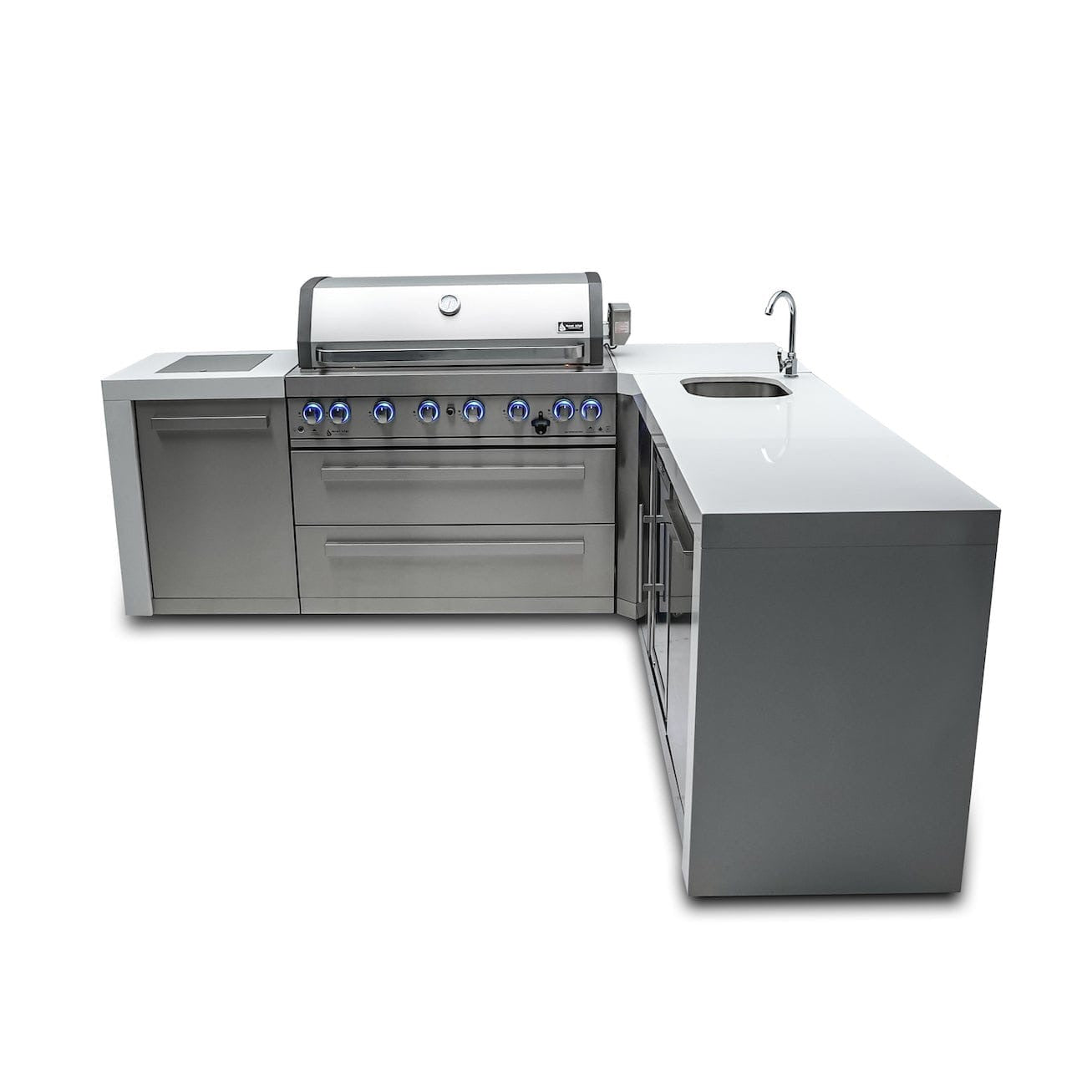 Mont Alpi Islands Mont Alpi 805 Deluxe Island with Beverage Center + 90 Degree Corner / 6-Burner Grill, 2 Infrared Burners, Sink, Fridge, Stainless Steel, Waterfall Sides / MAi805-DBEV90C