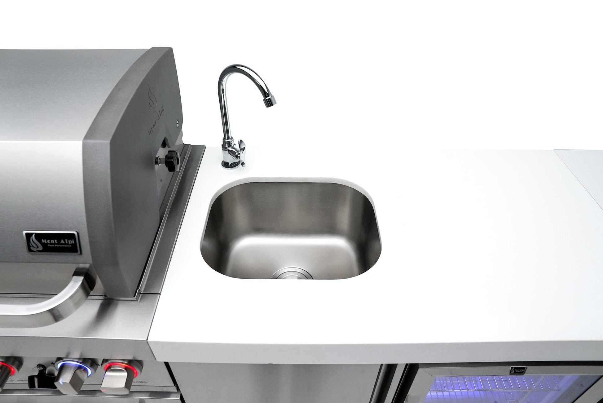 Mont Alpi Islands Mont Alpi 805 Deluxe Island with Beverage Center + 90 Degree Corner + Kegerator / 6-Burner Grill, 2 Infrared Burners, Kegerator, 3 Taps, Sink, Fridge, Stainless Steel / MAi805-D90KEGBEV