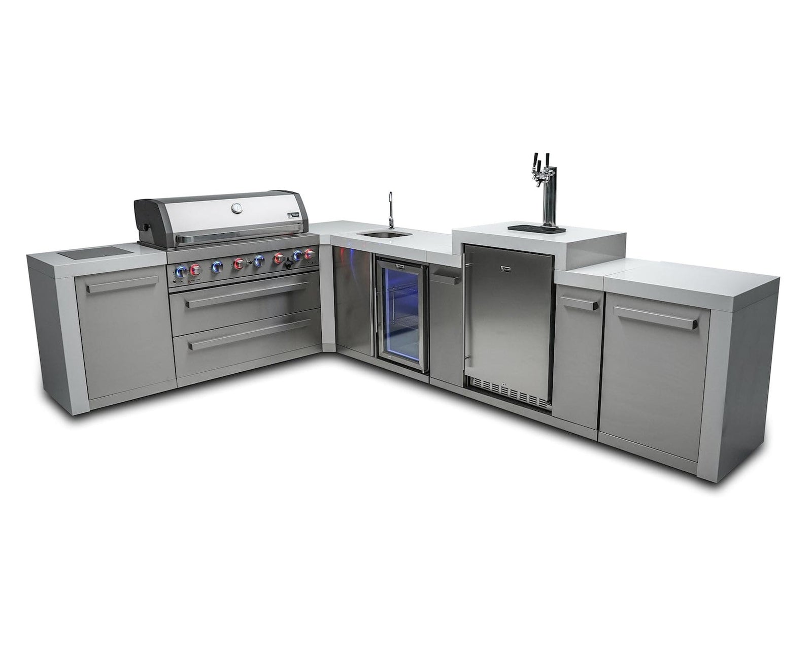 Mont Alpi Islands Mont Alpi 805 Deluxe Island with Beverage Center + 90 Degree Corner + Kegerator / 6-Burner Grill, 2 Infrared Burners, Kegerator, 3 Taps, Sink, Fridge, Stainless Steel / MAi805-D90KEGBEV