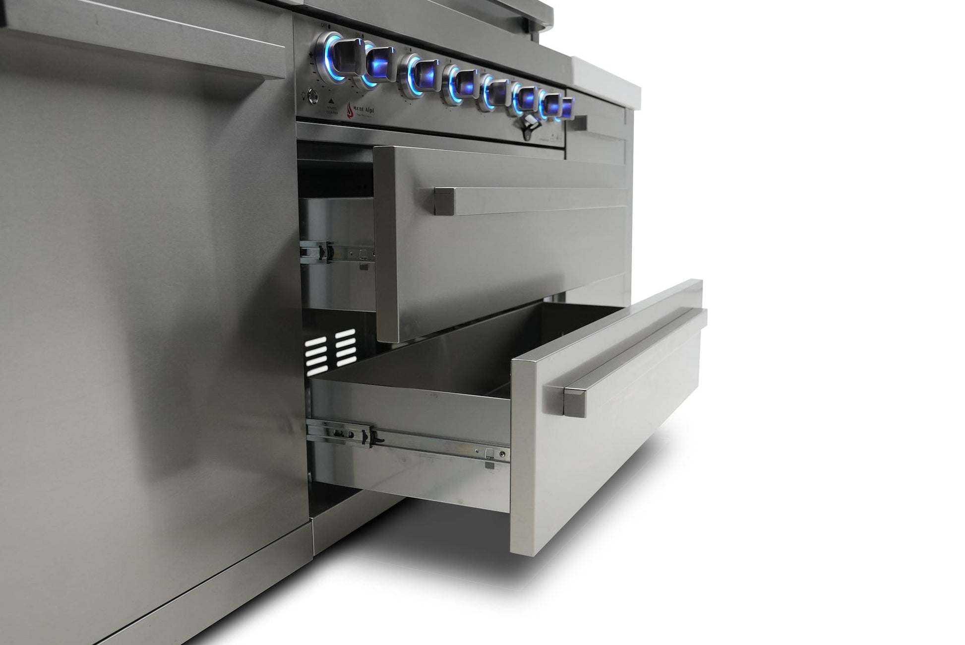 Mont Alpi Islands Mont Alpi 805 Deluxe Island with Beverage Center + 90 Degree Corner + Kegerator / 6-Burner Grill, 2 Infrared Burners, Kegerator, 3 Taps, Sink, Fridge, Stainless Steel / MAi805-D90KEGBEV