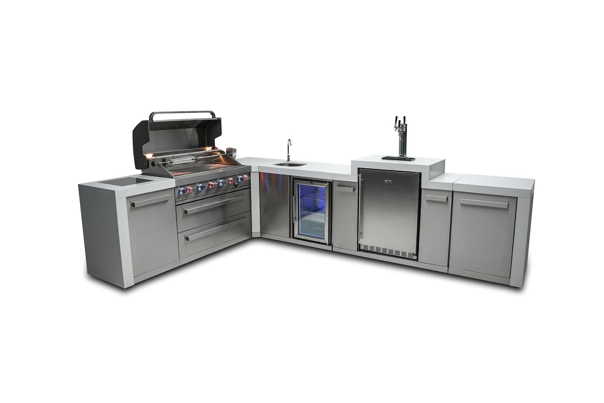 Mont Alpi Islands Mont Alpi 805 Deluxe Island with Beverage Center + 90 Degree Corner + Kegerator / 6-Burner Grill, 2 Infrared Burners, Kegerator, 3 Taps, Sink, Fridge, Stainless Steel / MAi805-D90KEGBEV