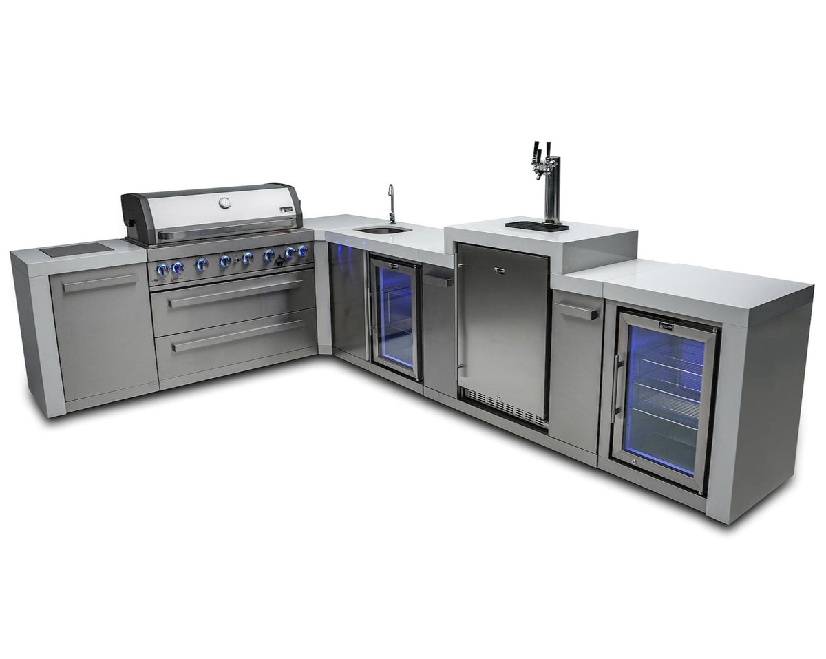 Mont Alpi Islands Mont Alpi 805 Deluxe Island with Beverage Center + 90 Degree Corner + Kegerator + Fridge Cabinet / 6-Burner Grill, 2 Infrared Burners, Kegerator, 3 Taps, Sink, 2 Fridges, Waterfall Sides, Stainless Steel / MAi805-D90KEGBEVFC