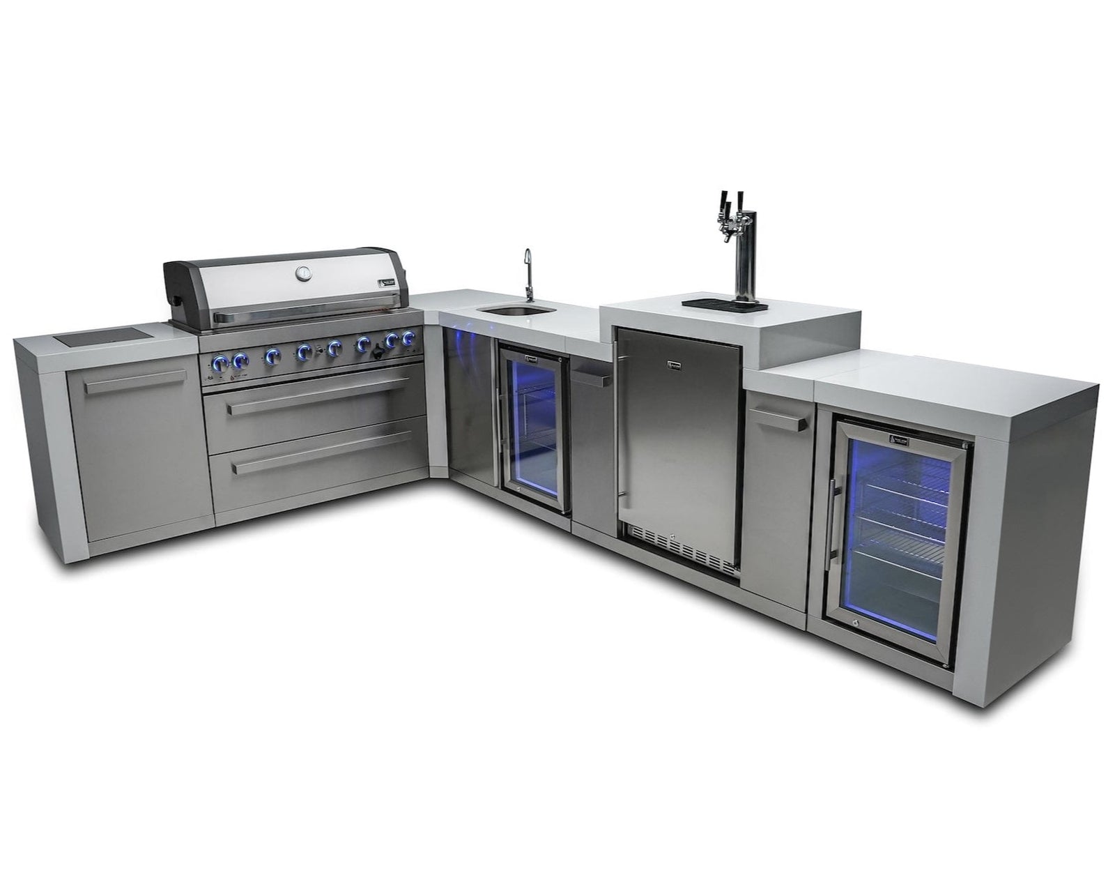 Mont Alpi Islands Mont Alpi 805 Deluxe Island with Beverage Center + 90 Degree Corner + Kegerator + Fridge Cabinet / 6-Burner Grill, 2 Infrared Burners, Kegerator, 3 Taps, Sink, 2 Fridges, Waterfall Sides, Stainless Steel / MAi805-D90KEGBEVFC