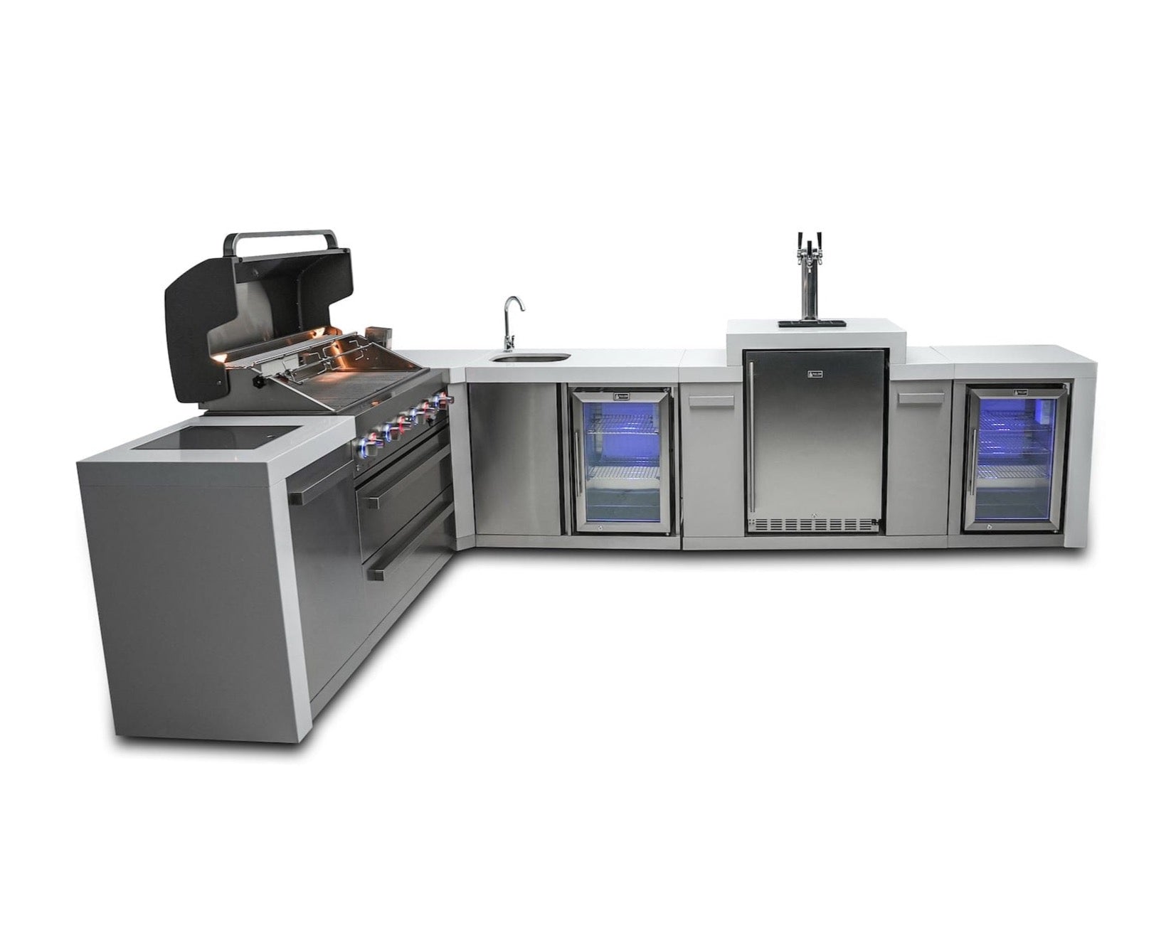 Mont Alpi Islands Mont Alpi 805 Deluxe Island with Beverage Center + 90 Degree Corner + Kegerator + Fridge Cabinet / 6-Burner Grill, 2 Infrared Burners, Kegerator, 3 Taps, Sink, 2 Fridges, Waterfall Sides, Stainless Steel / MAi805-D90KEGBEVFC