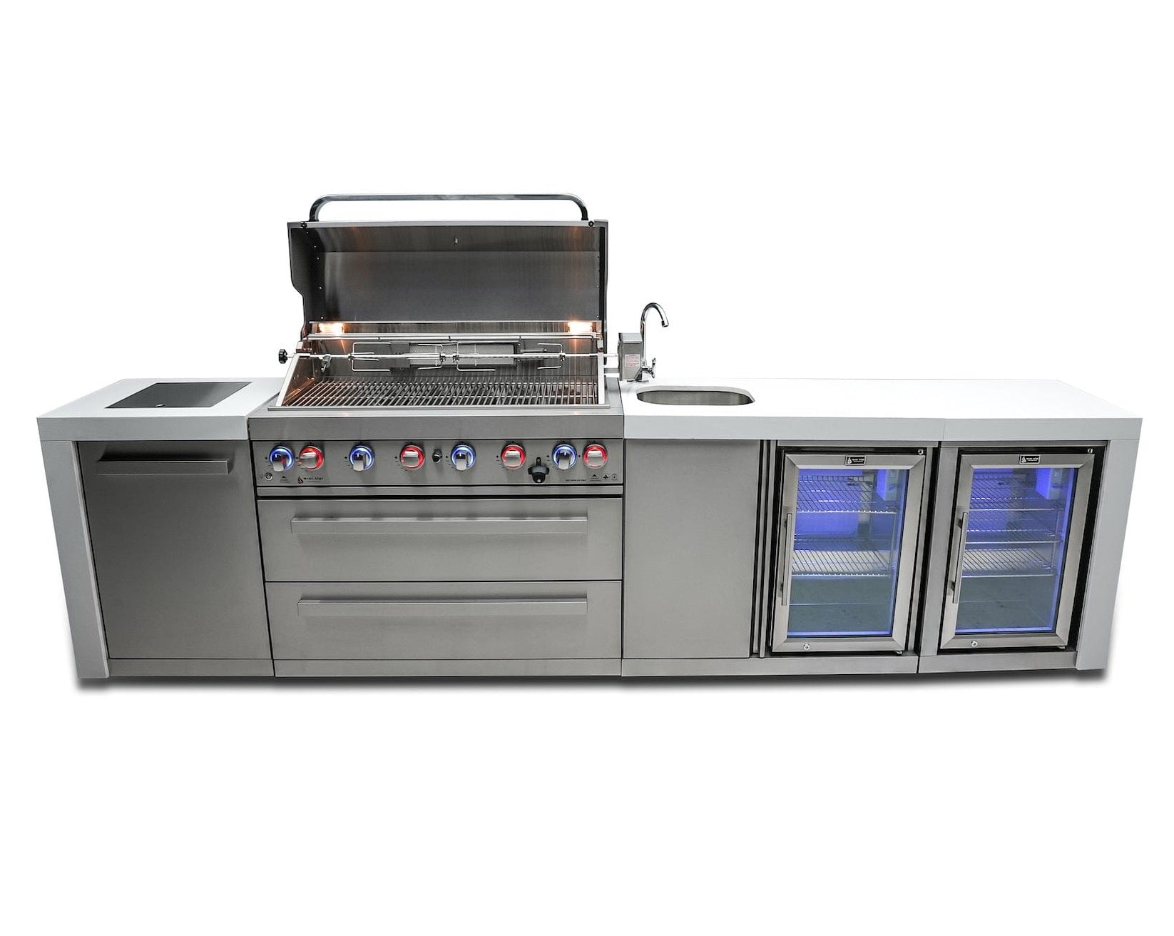 Mont Alpi Islands Mont Alpi 805 Deluxe Island with Beverage Center + Fridge Cabinet / 6-Burner Grill, 2 Infrared Burners, Sink, 2 Fridges / MAi805-DBEVFC