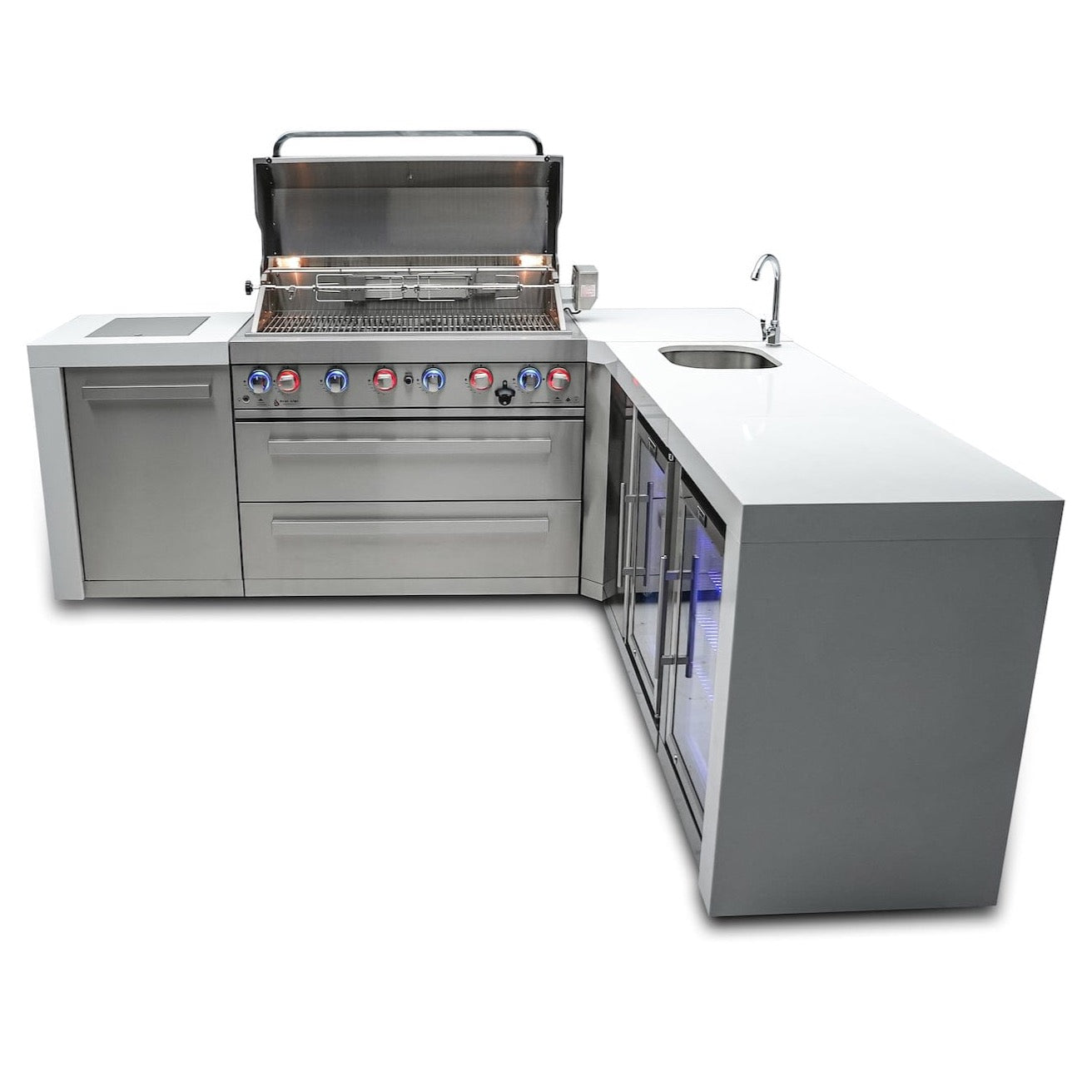 Mont Alpi Islands Mont Alpi 805 Deluxe Island with Beverage Center + Fridge Cabinet + 90 Degree Corner / 6-Burner Grill, 2 Infrared Burners, Sink, 2 Fridges / MAi805-DBEV90FC