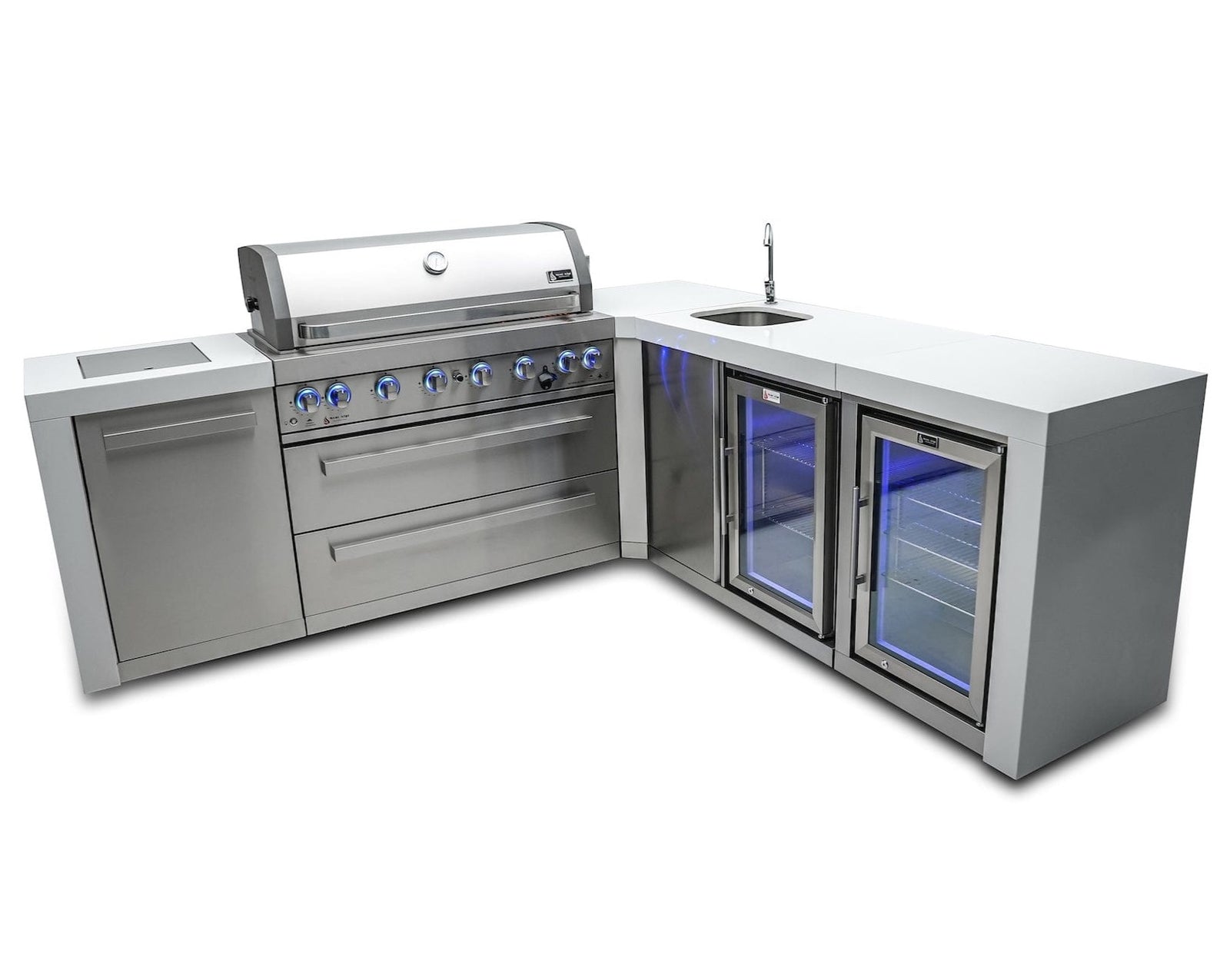 Mont Alpi Islands Mont Alpi 805 Deluxe Island with Beverage Center + Fridge Cabinet + 90 Degree Corner / 6-Burner Grill, 2 Infrared Burners, Sink, 2 Fridges / MAi805-DBEV90FC