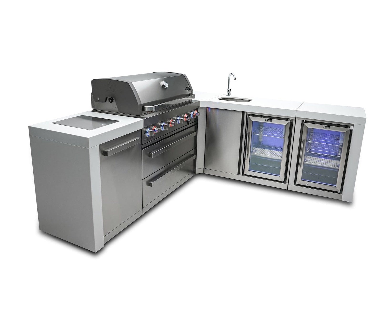 Mont Alpi Islands Mont Alpi 805 Deluxe Island with Beverage Center + Fridge Cabinet + 90 Degree Corner / 6-Burner Grill, 2 Infrared Burners, Sink, 2 Fridges / MAi805-DBEV90FC