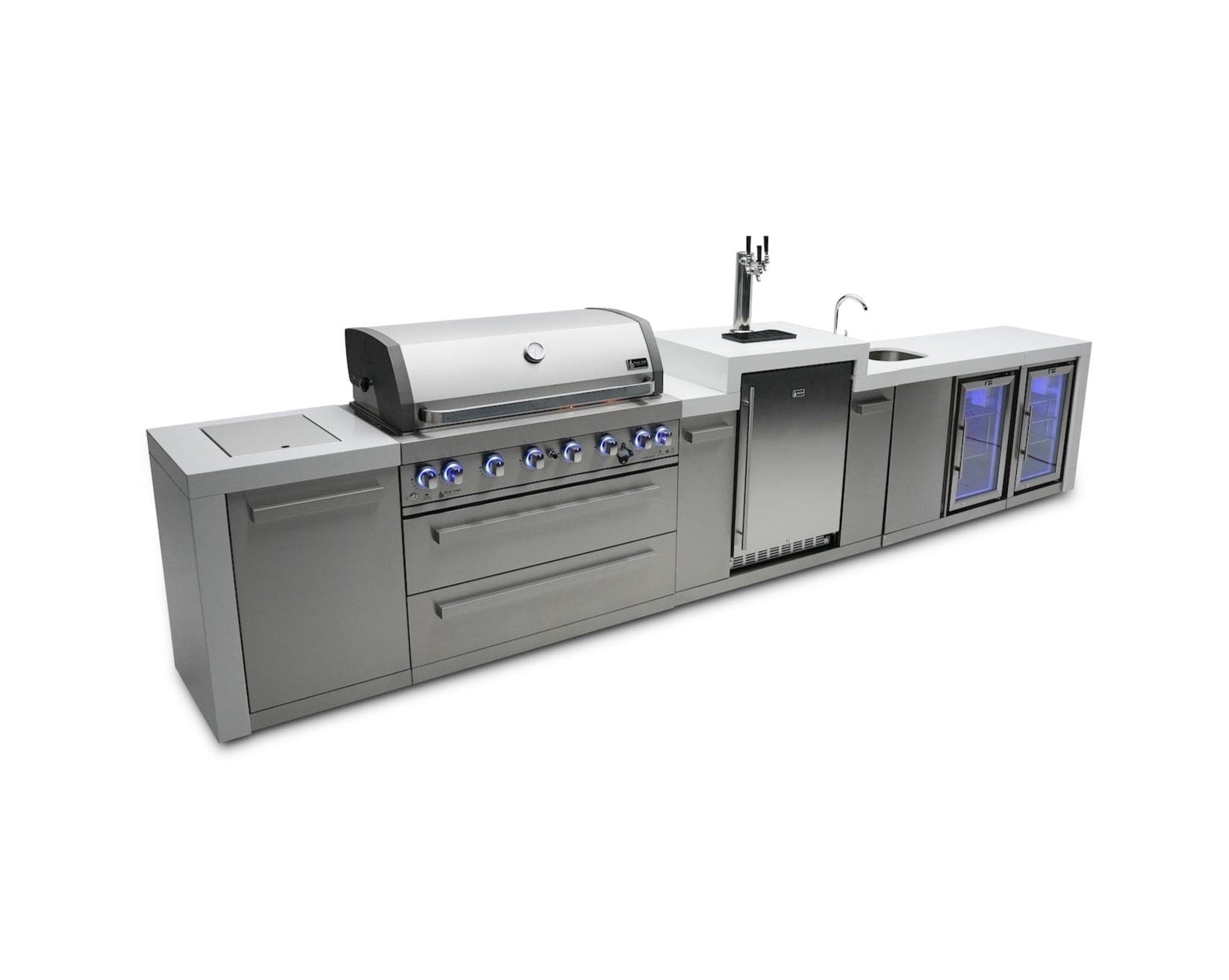 Mont Alpi Islands Mont Alpi 805 Deluxe Island with Beverage Center + Kegerator + Fridge Cabinet / 6-Burner Grill, 2 Infrared Burners, Sink, 2 Fridges, Waterfall Sides, Stainless Steel / MAi805-DKEGBEVFC
