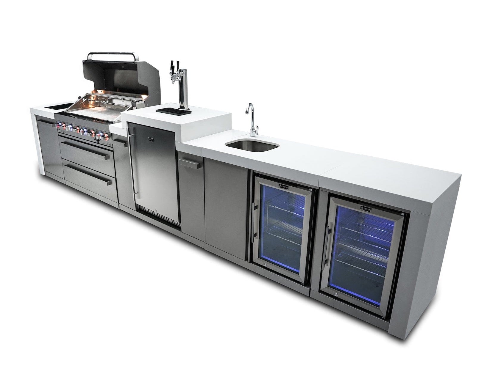Mont Alpi Islands Mont Alpi 805 Deluxe Island with Beverage Center + Kegerator + Fridge Cabinet / 6-Burner Grill, 2 Infrared Burners, Sink, 2 Fridges, Waterfall Sides, Stainless Steel / MAi805-DKEGBEVFC