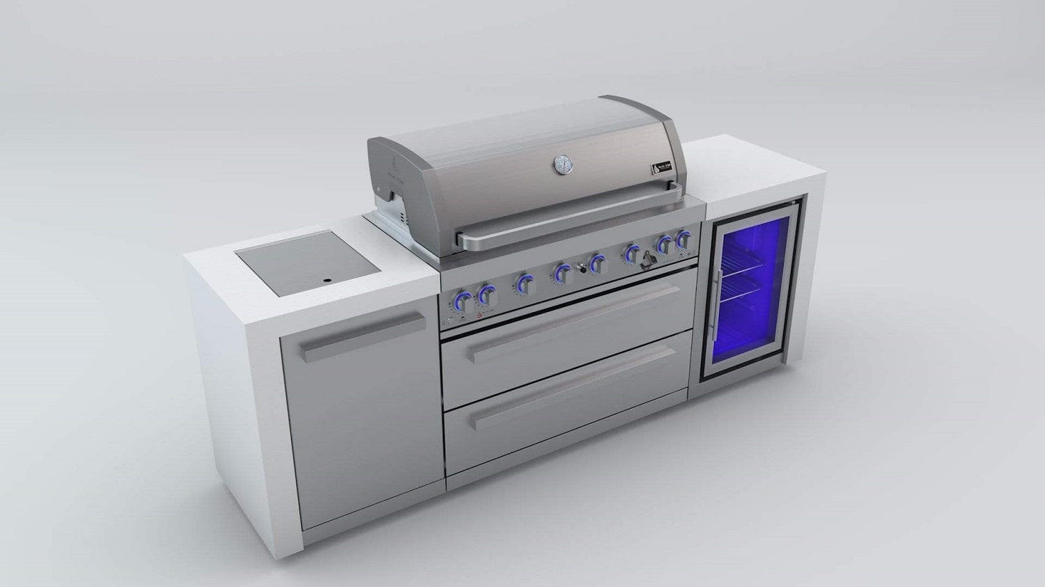 Mont Alpi Islands Mont Alpi 805 Deluxe Island with Fridge Cabinet / 6-Burner Grill, 2 Infrared Burners, Fridge, Stainless Steel, Waterfall Sides  / MAi805-DFC