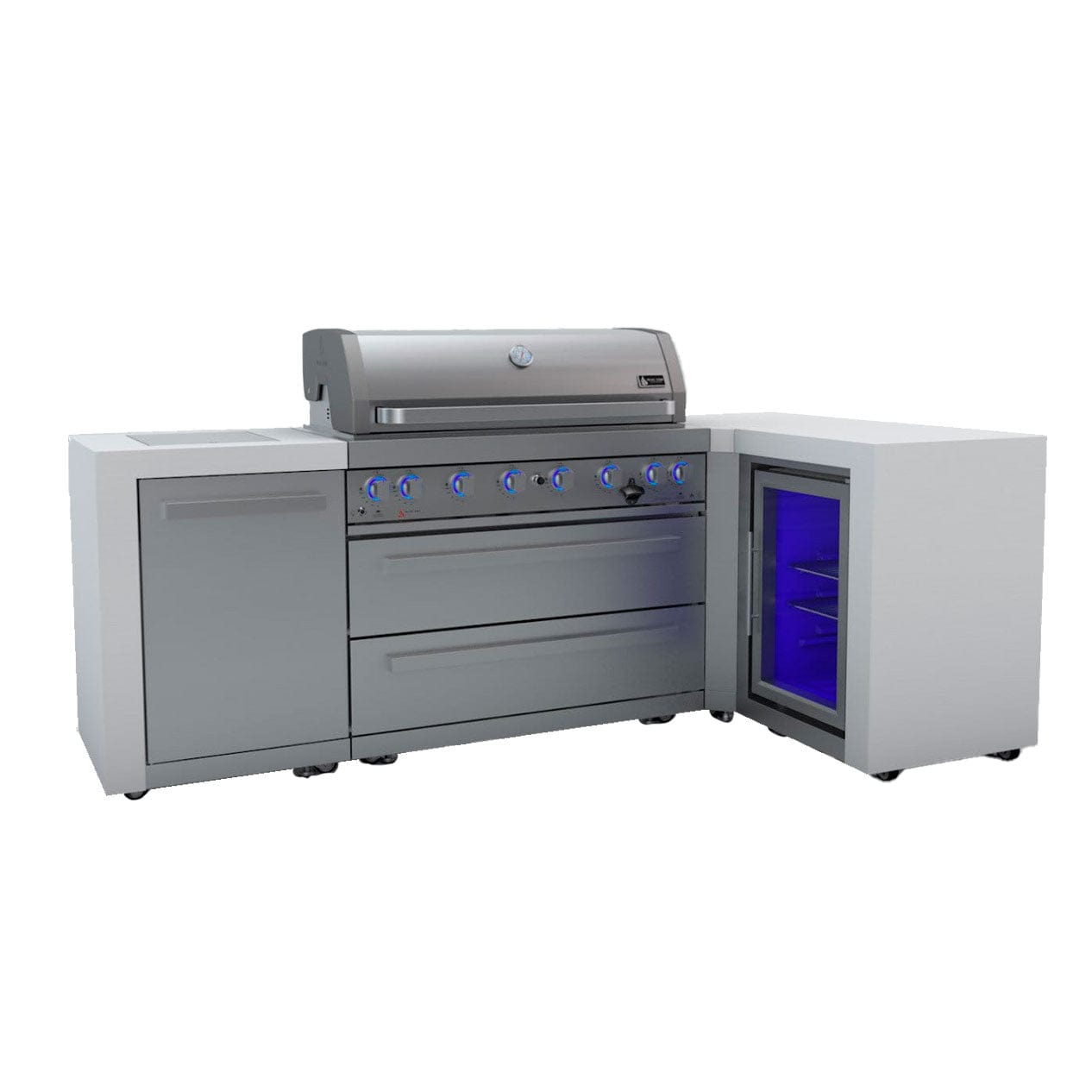 Mont Alpi Islands Mont Alpi 805 Deluxe Island with Fridge Cabinet + 90 Degree Corner / 6-Burner Grill, 2 Infrared Burners, Fridge, Stainless Steel / MAi805-D90FC