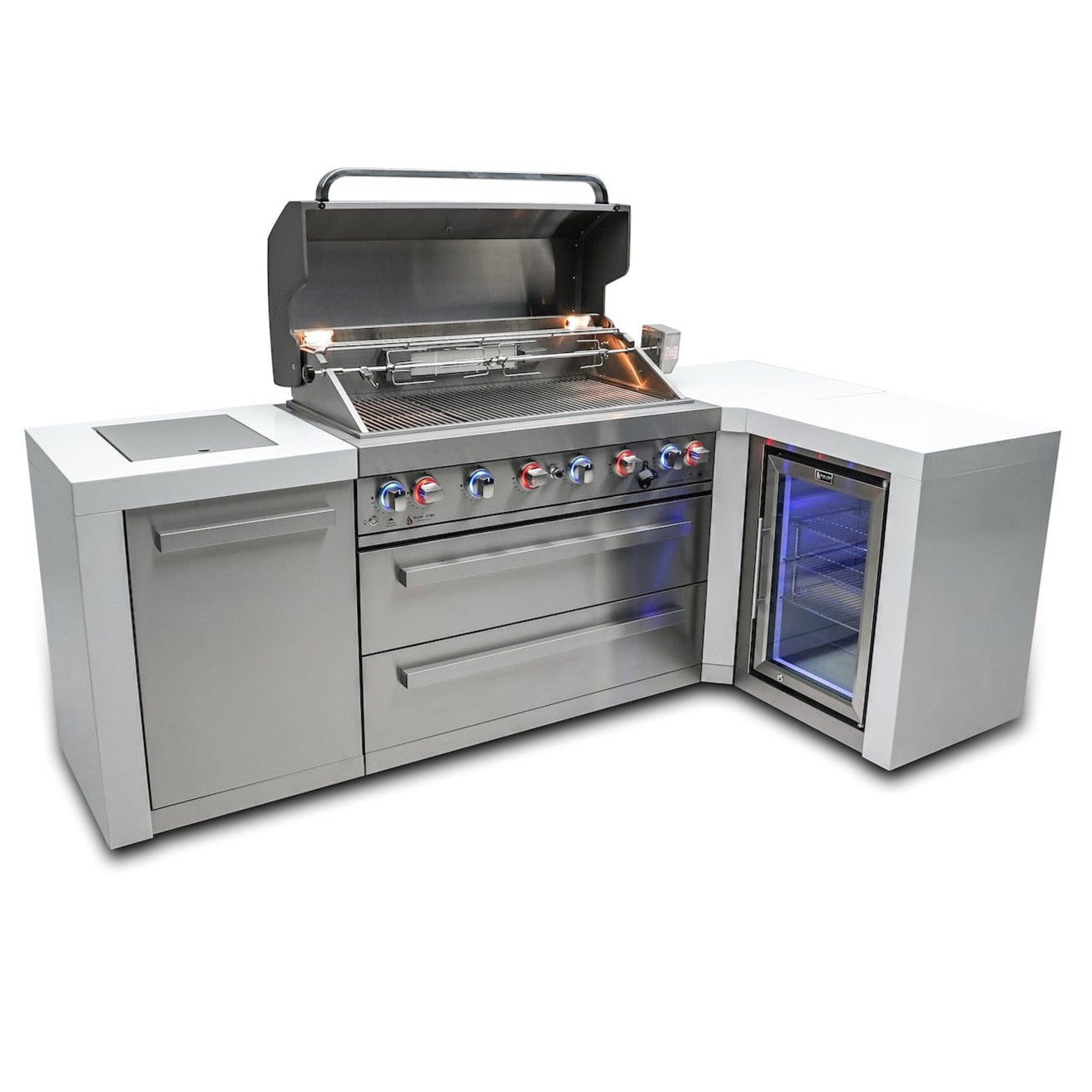 Mont Alpi Islands Mont Alpi 805 Deluxe Island with Fridge Cabinet + 90 Degree Corner / 6-Burner Grill, 2 Infrared Burners, Fridge, Stainless Steel / MAi805-D90FC