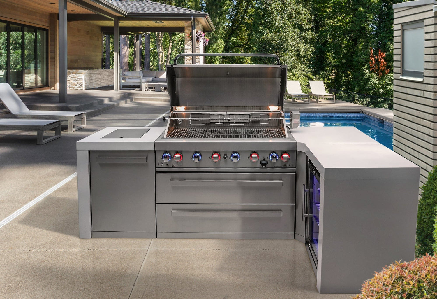 Mont Alpi Islands Mont Alpi 805 Deluxe Island with Fridge Cabinet + 90 Degree Corner / 6-Burner Grill, 2 Infrared Burners, Fridge, Stainless Steel / MAi805-D90FC