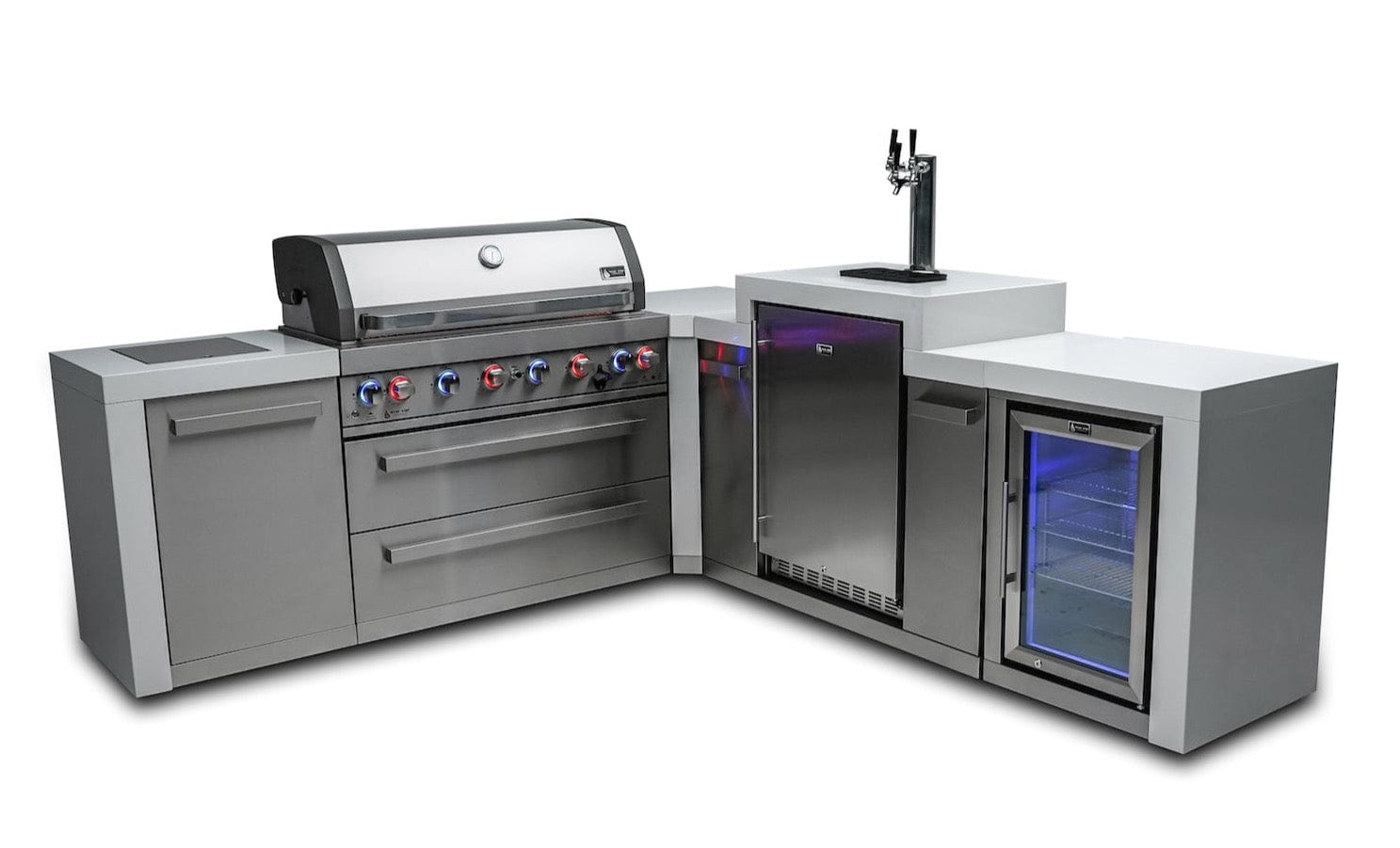 Mont Alpi Islands Mont Alpi 805 Deluxe Island with Fridge Cabinet + 90 Degree Corner + Kegerator / 6-Burner Grill, 2 Infrared Burners, Kegerator, 3 Taps, Fridge, Stainless Steel / MAi805-D90KEGFC