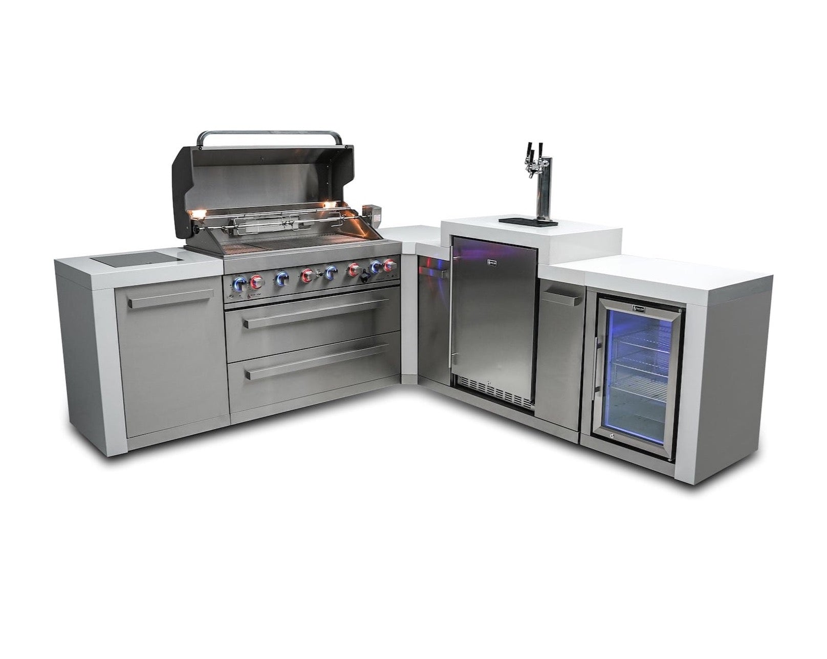 Mont Alpi Islands Mont Alpi 805 Deluxe Island with Fridge Cabinet + 90 Degree Corner + Kegerator / 6-Burner Grill, 2 Infrared Burners, Kegerator, 3 Taps, Fridge, Stainless Steel / MAi805-D90KEGFC