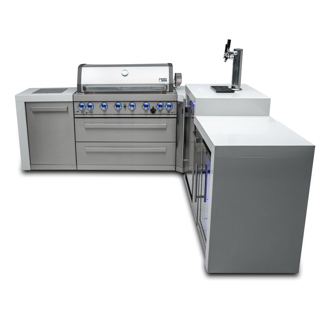 Mont Alpi Islands Mont Alpi 805 Deluxe Island with Fridge Cabinet + 90 Degree Corner + Kegerator / 6-Burner Grill, 2 Infrared Burners, Kegerator, 3 Taps, Fridge, Stainless Steel / MAi805-D90KEGFC