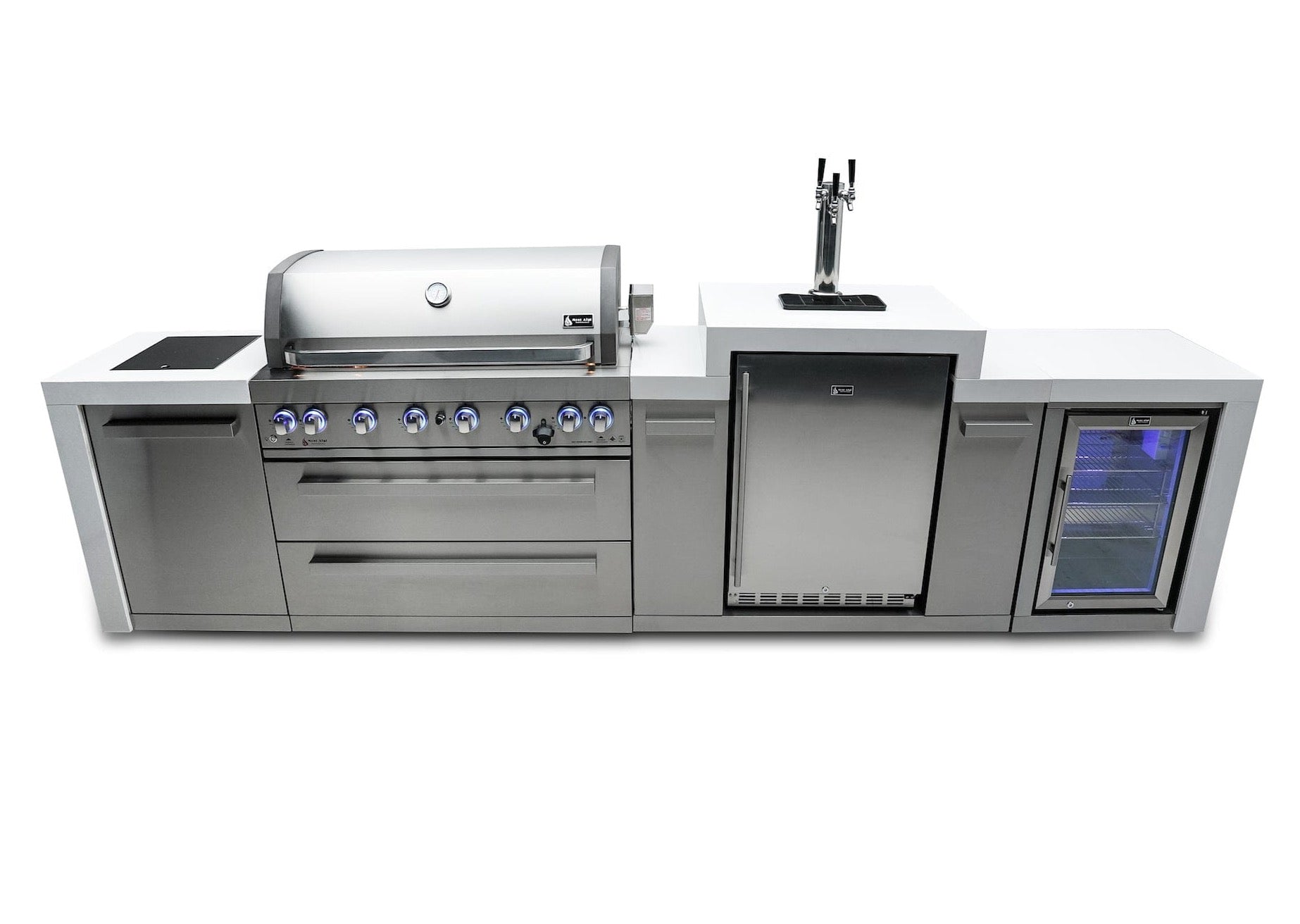 Mont Alpi Islands Mont Alpi 805 Deluxe Island with Fridge Cabinet + Kegerator / 6-Burner Grill, 2 Infrared Burners, Fridge, Waterfall Sides, Stainless Steel / MAi805-DKEGFC