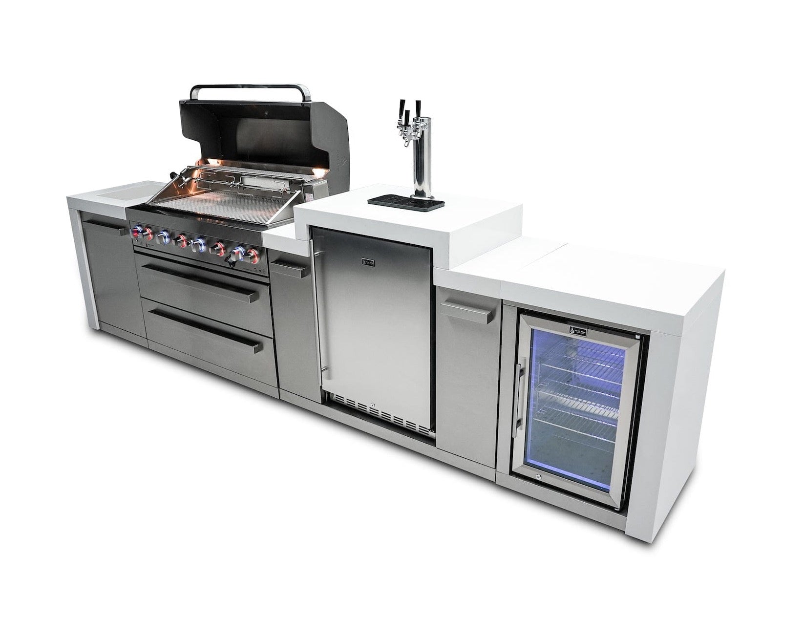 Mont Alpi Islands Mont Alpi 805 Deluxe Island with Fridge Cabinet + Kegerator / 6-Burner Grill, 2 Infrared Burners, Fridge, Waterfall Sides, Stainless Steel / MAi805-DKEGFC