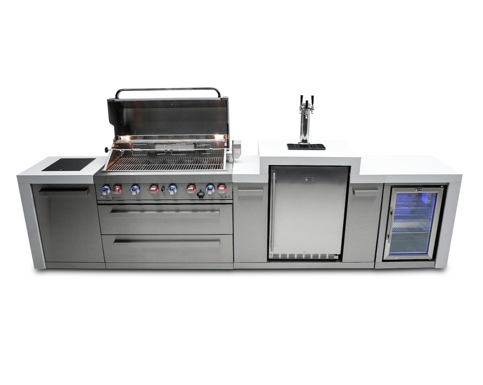 Mont Alpi Islands Mont Alpi 805 Deluxe Island with Fridge Cabinet + Kegerator / 6-Burner Grill, 2 Infrared Burners, Fridge, Waterfall Sides, Stainless Steel / MAi805-DKEGFC