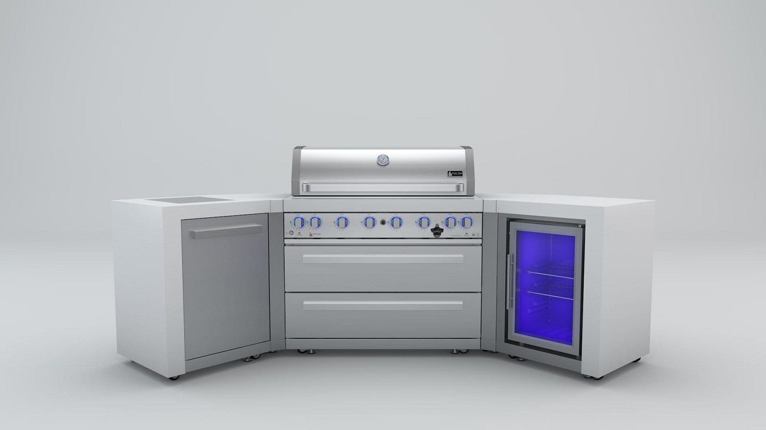 Mont Alpi Islands Mont Alpi 805 Deluxe Island with Fridge Cabinet + Two 45 Degree Corners / 6-Burner Grill, 2 Infrared Burners, Fridge, Stainless Steel / MAi805-D45FC
