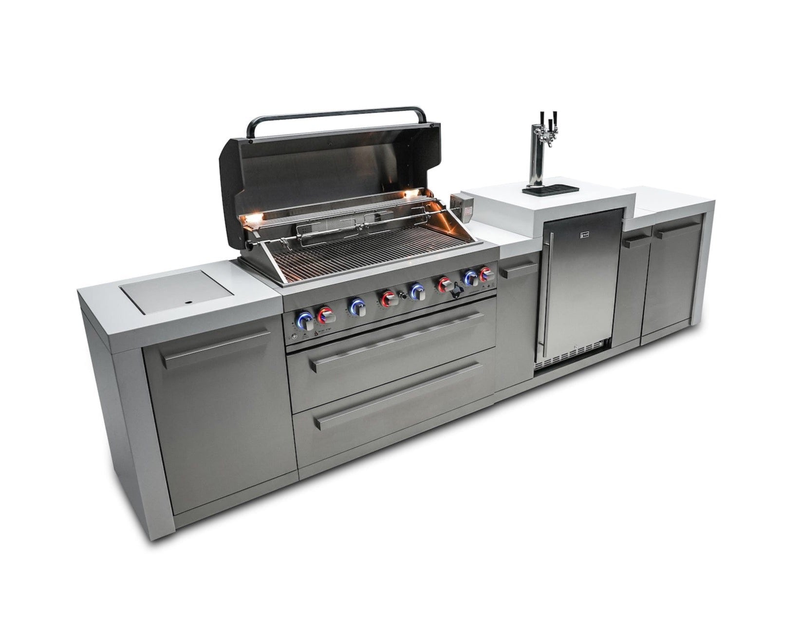 Mont Alpi Islands Mont Alpi 805 Deluxe Island with Kegerator / 6-Burner Grill, 2 Infrared Burners, Kegerator, 3 Taps, Stainless Steel, Waterfall Sides / MAi805-DKEG