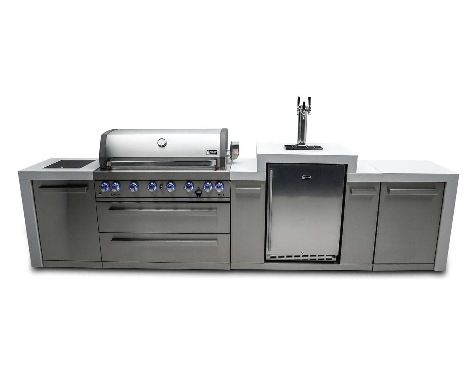 Mont Alpi Islands Mont Alpi 805 Deluxe Island with Kegerator / 6-Burner Grill, 2 Infrared Burners, Kegerator, 3 Taps, Stainless Steel, Waterfall Sides / MAi805-DKEG