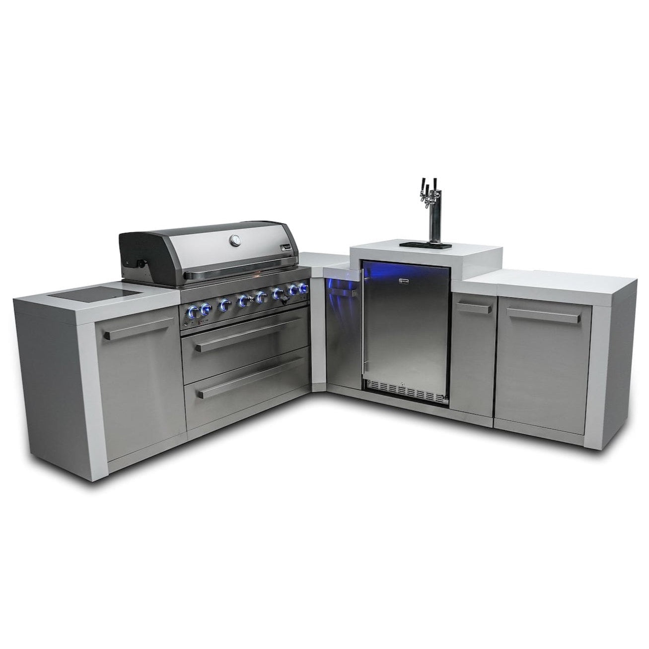 Mont Alpi Islands Mont Alpi 805 Deluxe Island with Kegerator + 90 Degree Corner / 6-Burner Grill, Kegerator, 3 Taps, 2 Infrared Burners, Stainless Steel, Waterfall Sides / MAi805-D90KEG