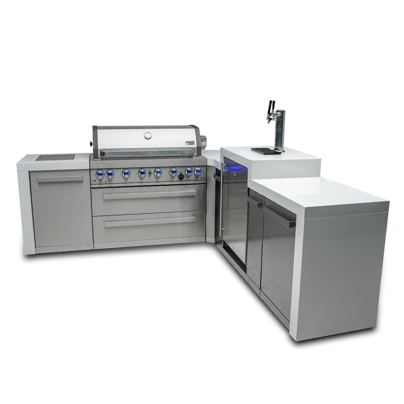 Mont Alpi Islands Mont Alpi 805 Deluxe Island with Kegerator + 90 Degree Corner / 6-Burner Grill, Kegerator, 3 Taps, 2 Infrared Burners, Stainless Steel, Waterfall Sides / MAi805-D90KEG