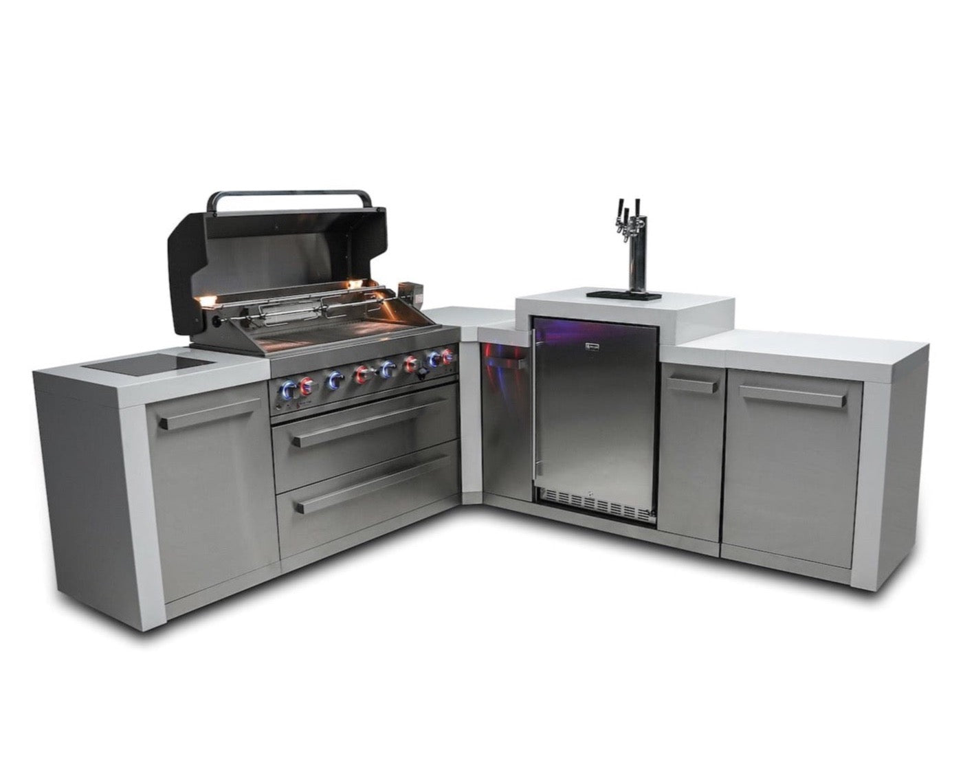 Mont Alpi Islands Mont Alpi 805 Deluxe Island with Kegerator + 90 Degree Corner / 6-Burner Grill, Kegerator, 3 Taps, 2 Infrared Burners, Stainless Steel, Waterfall Sides / MAi805-D90KEG