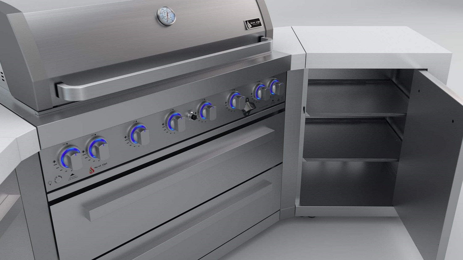 Mont Alpi Islands Mont Alpi 805 Deluxe Island with Two 45 Degree Corners/ 6-Burner Grill, 2 Infrared Burners, Stainless Steel / MAi805-D45