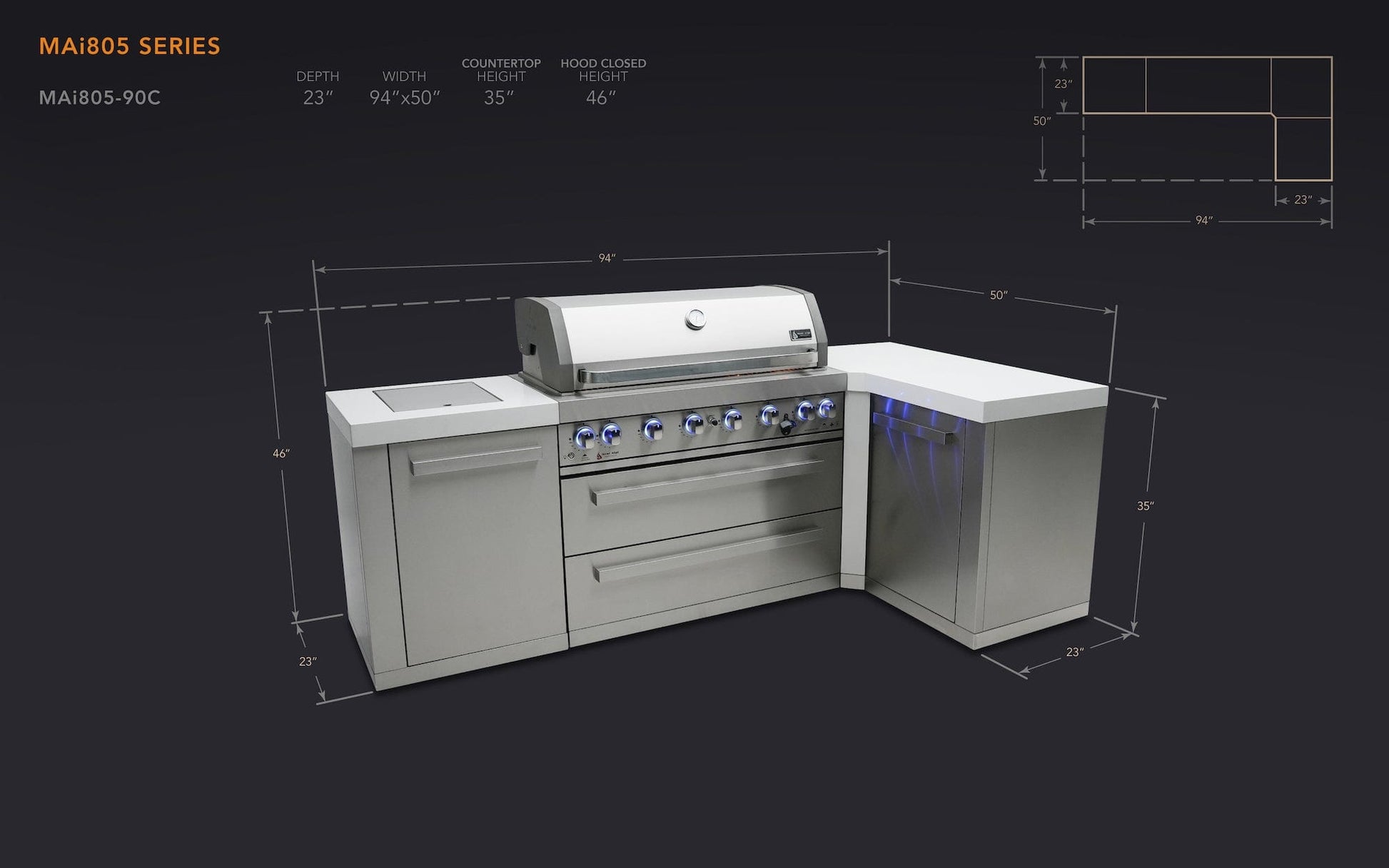 Mont Alpi Islands Mont Alpi 805 Island with 90 Degree Corner / 6-Burner Grill, 2 Infrared Burners, Stainless Steel / MAi805-90C