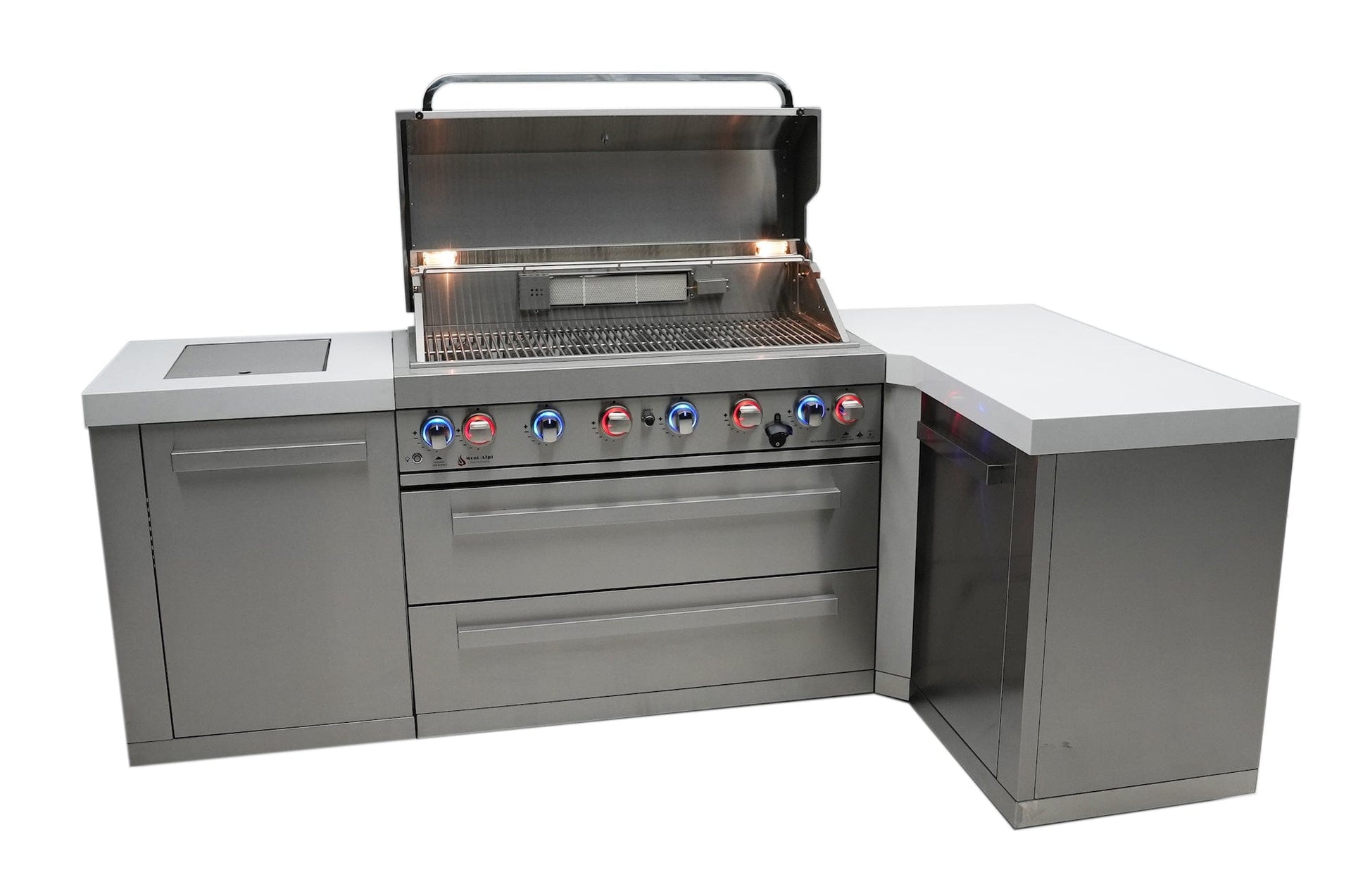 Mont Alpi Islands Mont Alpi 805 Island with 90 Degree Corner / 6-Burner Grill, 2 Infrared Burners, Stainless Steel / MAi805-90C