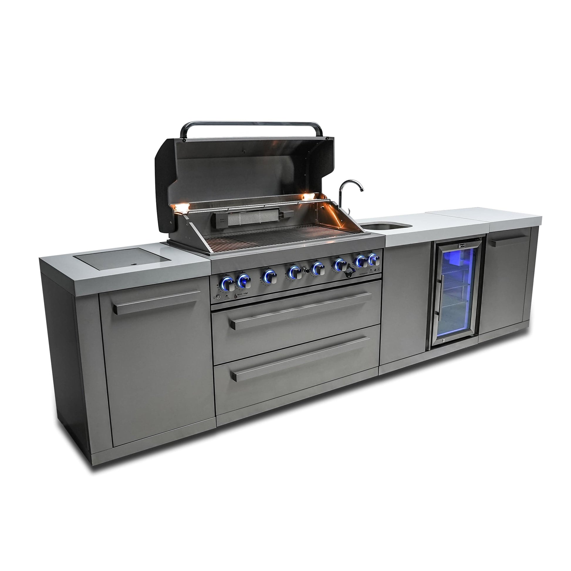 Mont Alpi Islands Mont Alpi 805 Island with Beverage Center / 6-Burner Grill, 2 Infrared Burners, Sink, Fridge, Stainless Steel  / MAi805-BEV