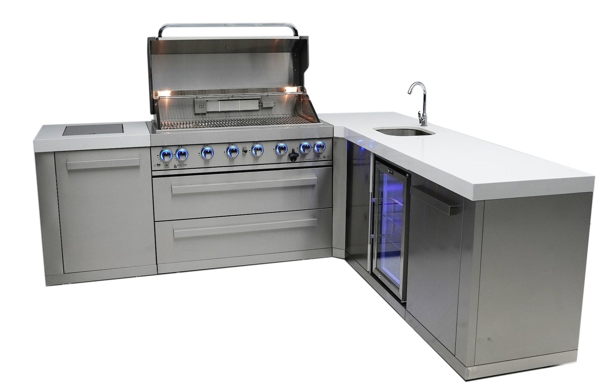 Mont Alpi Islands Mont Alpi 805 Island with Beverage Center + 90 Degree Corner / 6-Burner Grill, 2 Infrared Burners, Sink, Fridge, Stainless Steel / MAi805-90BEV