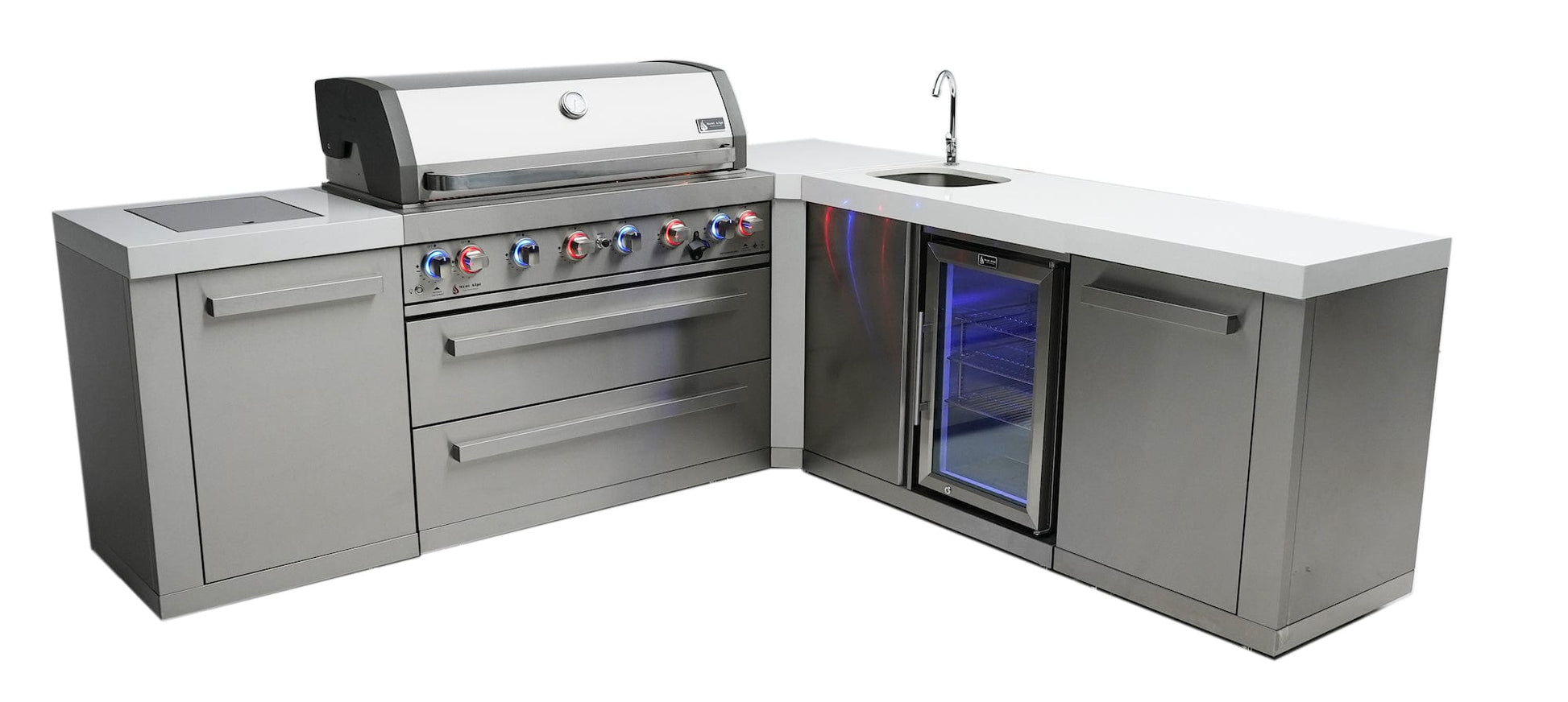 Mont Alpi Islands Mont Alpi 805 Island with Beverage Center + 90 Degree Corner / 6-Burner Grill, 2 Infrared Burners, Sink, Fridge, Stainless Steel / MAi805-90BEV