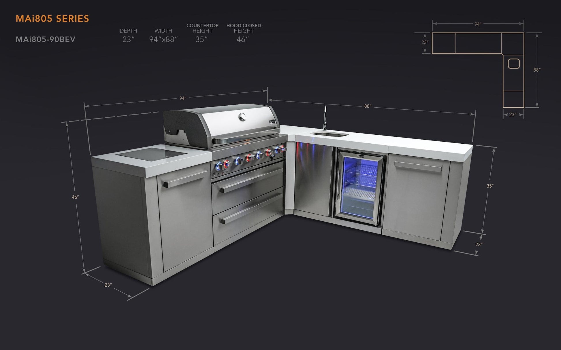 Mont Alpi Islands Mont Alpi 805 Island with Beverage Center + 90 Degree Corner / 6-Burner Grill, 2 Infrared Burners, Sink, Fridge, Stainless Steel / MAi805-90BEV