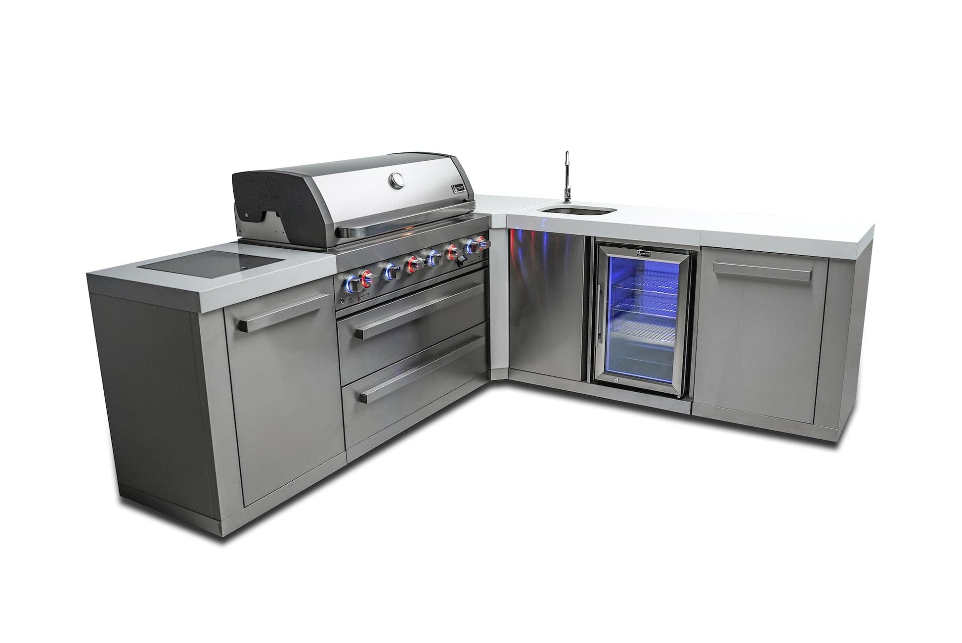 Mont Alpi Islands Mont Alpi 805 Island with Beverage Center + 90 Degree Corner / 6-Burner Grill, 2 Infrared Burners, Sink, Fridge, Stainless Steel / MAi805-90BEV