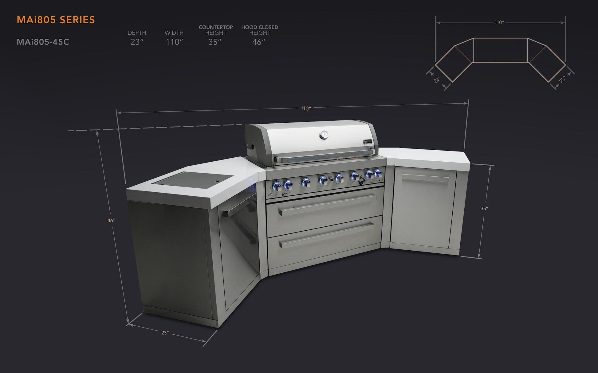 Mont Alpi Islands Mont Alpi 805 Island with Two 45 Degree Corners/ 6-Burner Grill, 2 Infrared Burners, Stainless Steel / MAi805-45