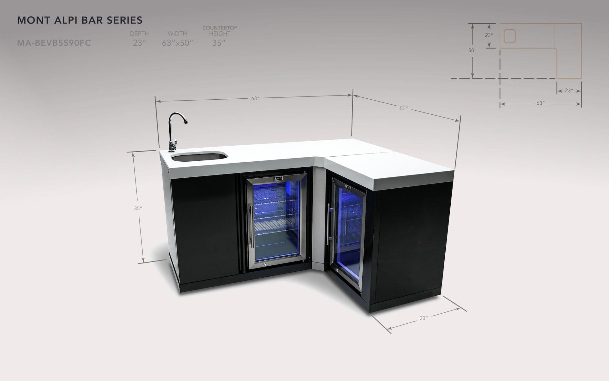 Mont Alpi Kitchen Mont Alpi Black Stainless Steel Beverage Center with  90 Degree Corner + Fridge Cabinet  / Sink, 2 Fridges, White Composite Granite Counter / MA-BEVBSS90FC