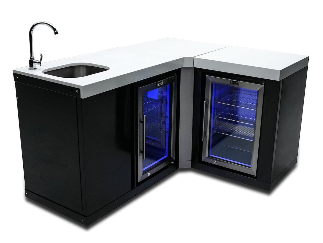 Mont Alpi Kitchen Mont Alpi Black Stainless Steel Beverage Center with  90 Degree Corner + Fridge Cabinet  / Sink, 2 Fridges, White Composite Granite Counter / MA-BEVBSS90FC