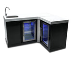 Mont Alpi Kitchen Mont Alpi Black Stainless Steel Beverage Center with  90 Degree Corner + Fridge Cabinet  / Sink, 2 Fridges, White Composite Granite Counter / MA-BEVBSS90FC