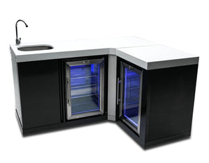 Mont Alpi Kitchen Mont Alpi Black Stainless Steel Beverage Center with  90 Degree Corner + Fridge Cabinet  / Sink, 2 Fridges, White Composite Granite Counter / MA-BEVBSS90FC