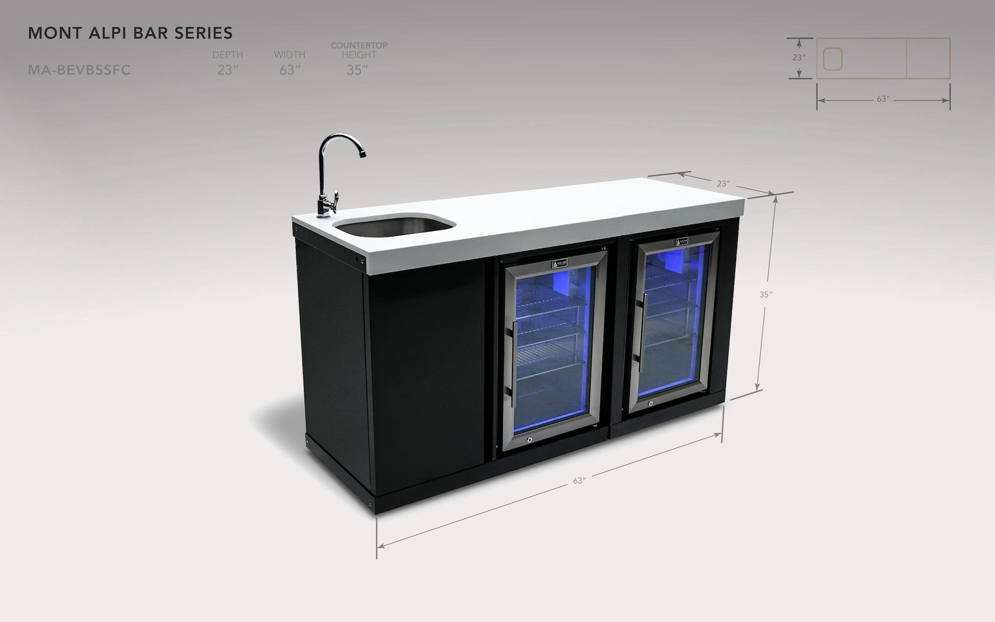 Mont Alpi Kitchen Mont Alpi Black Stainless Steel Beverage Center with Fridge Cabinet  / Sink, 2 Fridges, White Composite Granite Counter / MA-BEVBSSFC