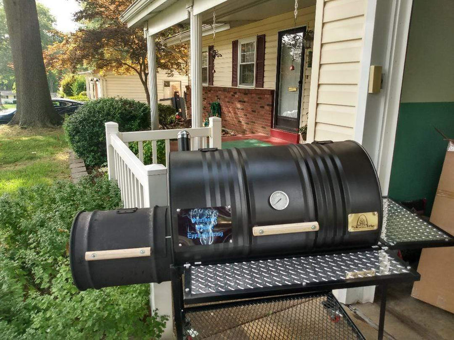 Moss Grills barrel smoker with offset firebox