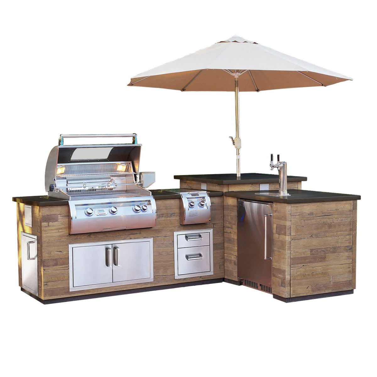 OutdoorKitchenPro Fire Magic L Shape “Reclaimed Wood” Islands with French Barrel Oak or Silver Pine Base and Black Lava Polished Top