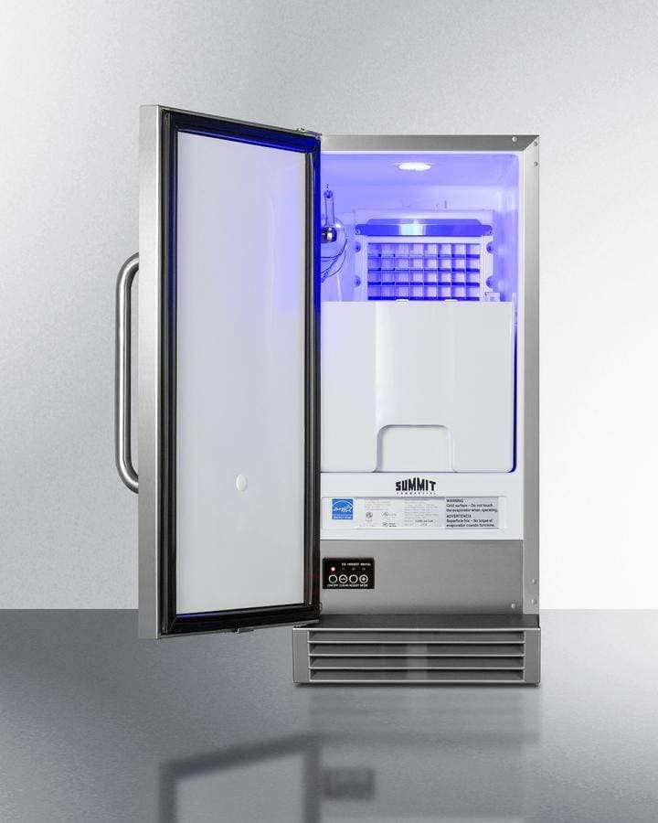 Summit Refrigeration + Cooling Summit 15" Wide 50 Lb. Built-In Undercounter Commercially Listed Outdoor Clear Icemaker with Automatic Defrost, Internal Pump, and Complete Stainless Steel Exterior / BIM47OS