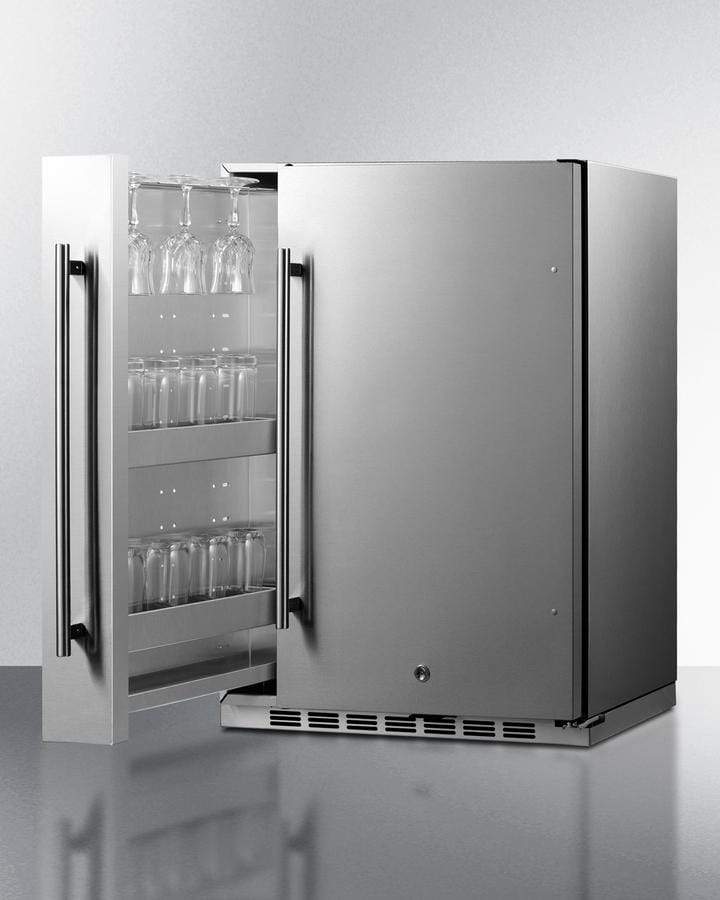 Summit Refrigeration + Cooling Summit 24" 24" Wide Outdoor All-Refrigerator for Built-In or Freestanding Use with a Shallow 17.25" Depth, Slide-Out Storage Compartment, Stainless Steel Exterior, Outdoor Cover, and Front Lock / SPR196OS24